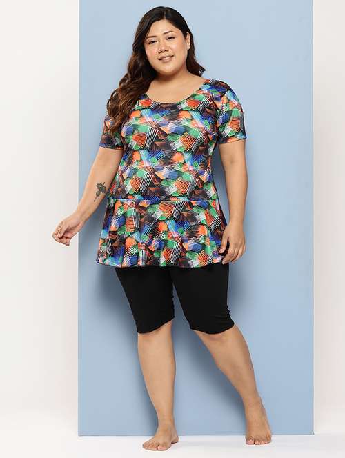 women plus size printed round neck swimsuit with cap - 22012752 -  Standard Image - 0