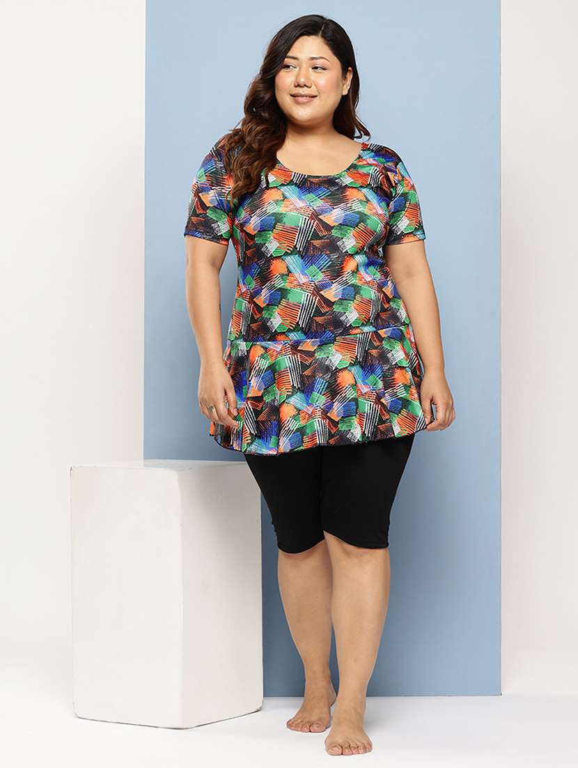 women plus size printed round neck swimsuit with cap - 22012752 -  Standard Image - 3