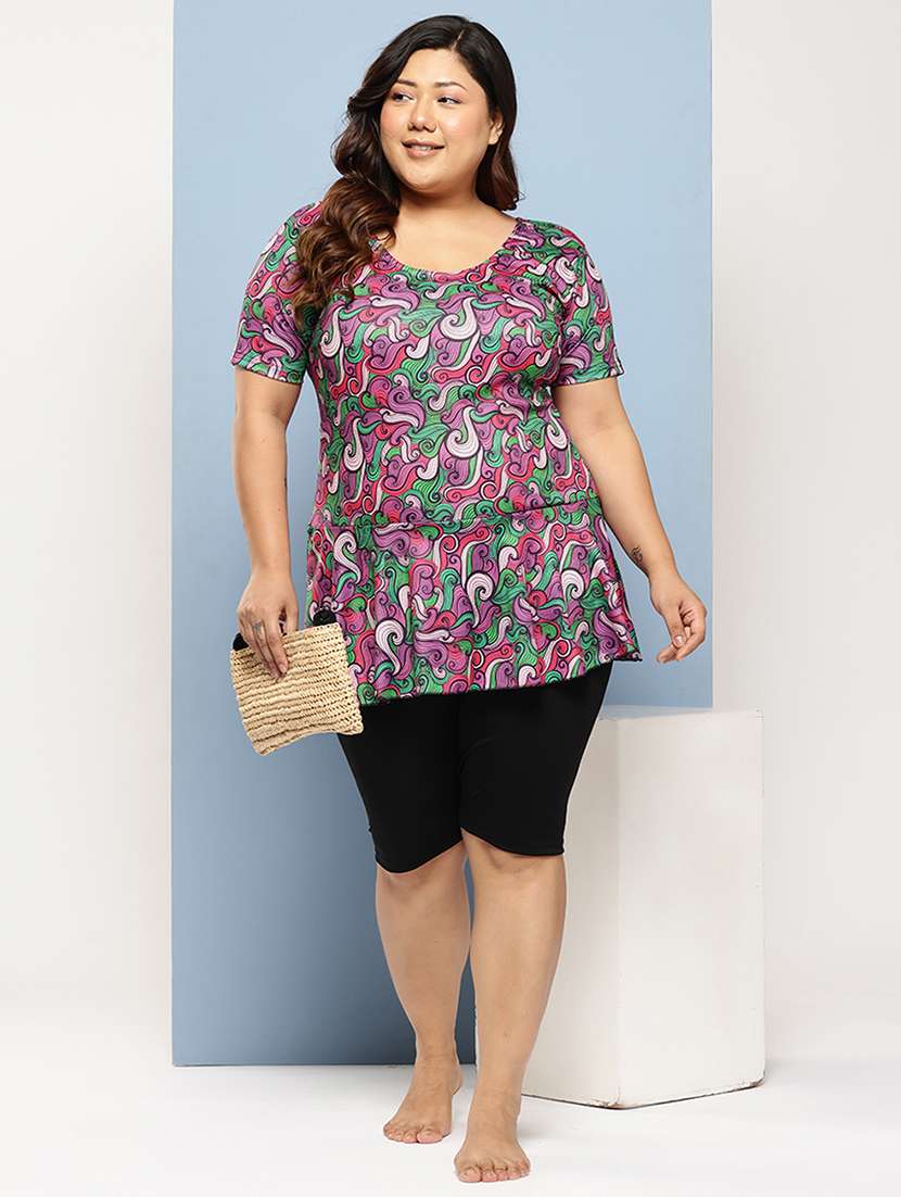 women plus size printed round neck swimsuit with cap