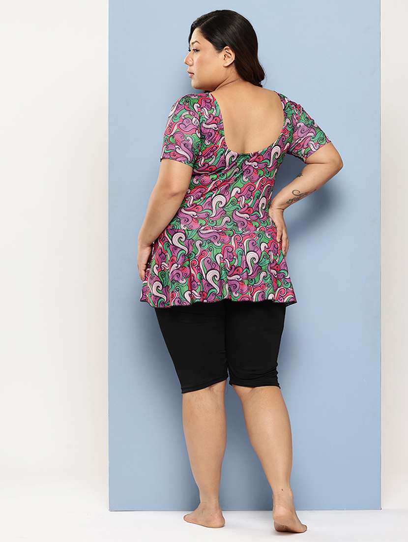 women plus size printed round neck swimsuit with cap - 22012753 - Standard Image - 3
