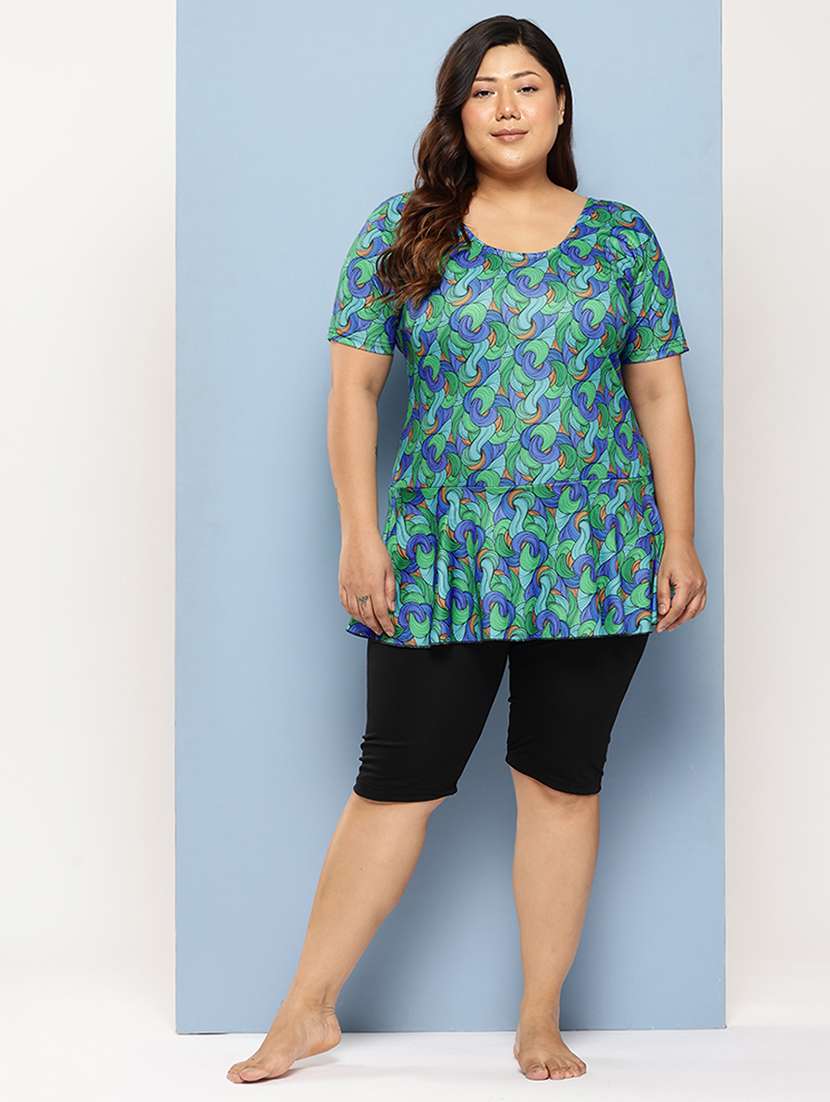 women plus size printed round neck swimsuit with cap