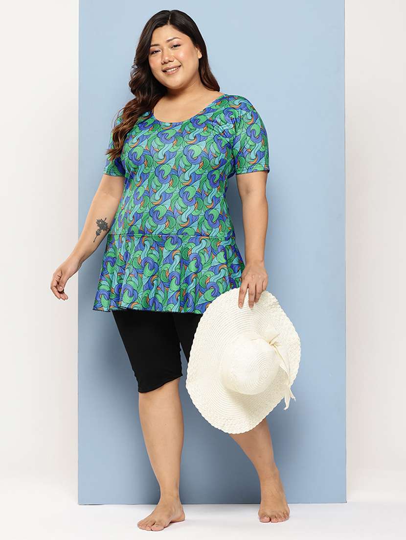women plus size printed round neck swimsuit with cap - 22012754 - Standard Image - 3