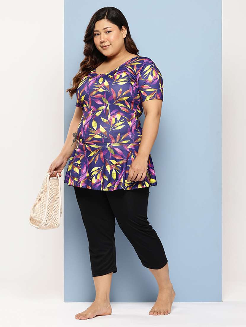 women plus size printed round neck swimsuit with goggles