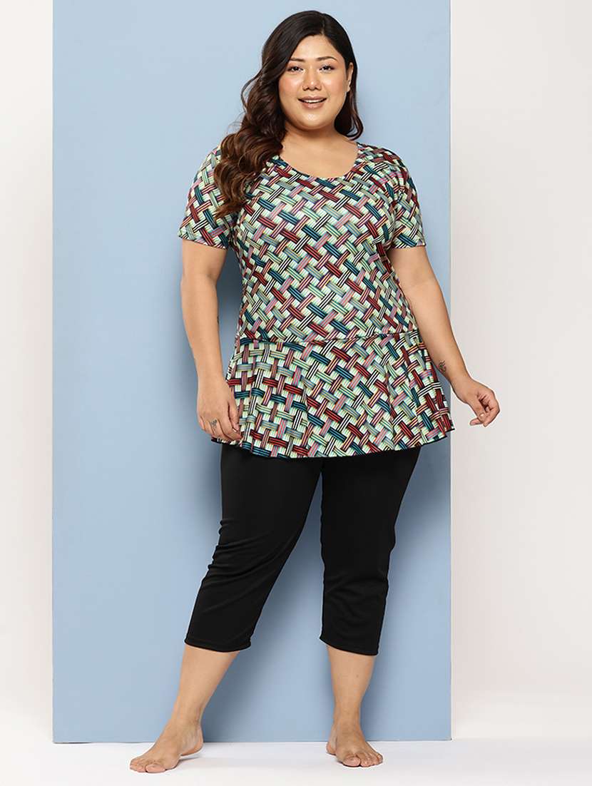 women plus size checkered round neck swimsuit with goggles