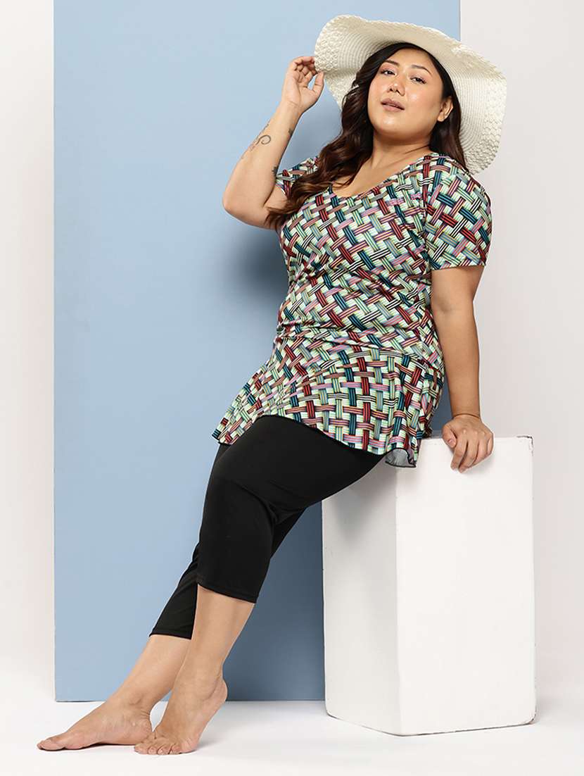 women plus size checkered round neck swimsuit with goggles - 22012762 -  Standard Image - 3