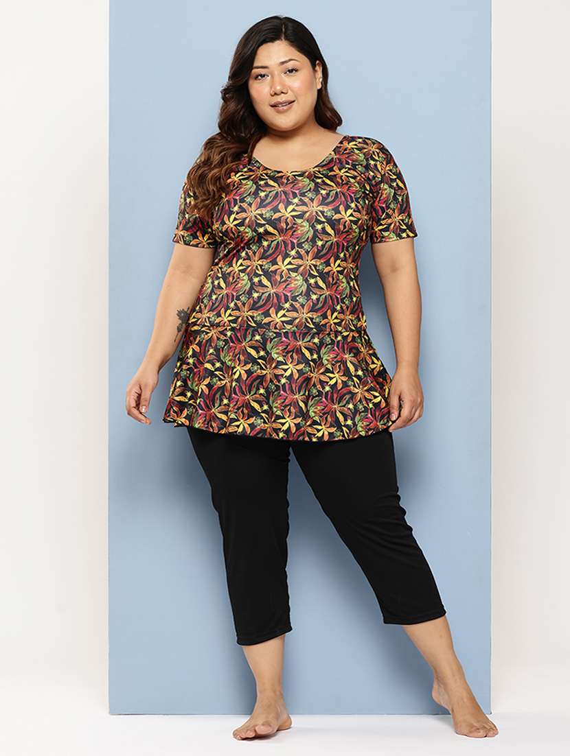 women plus size floral printed round neck swimsuit with goggles