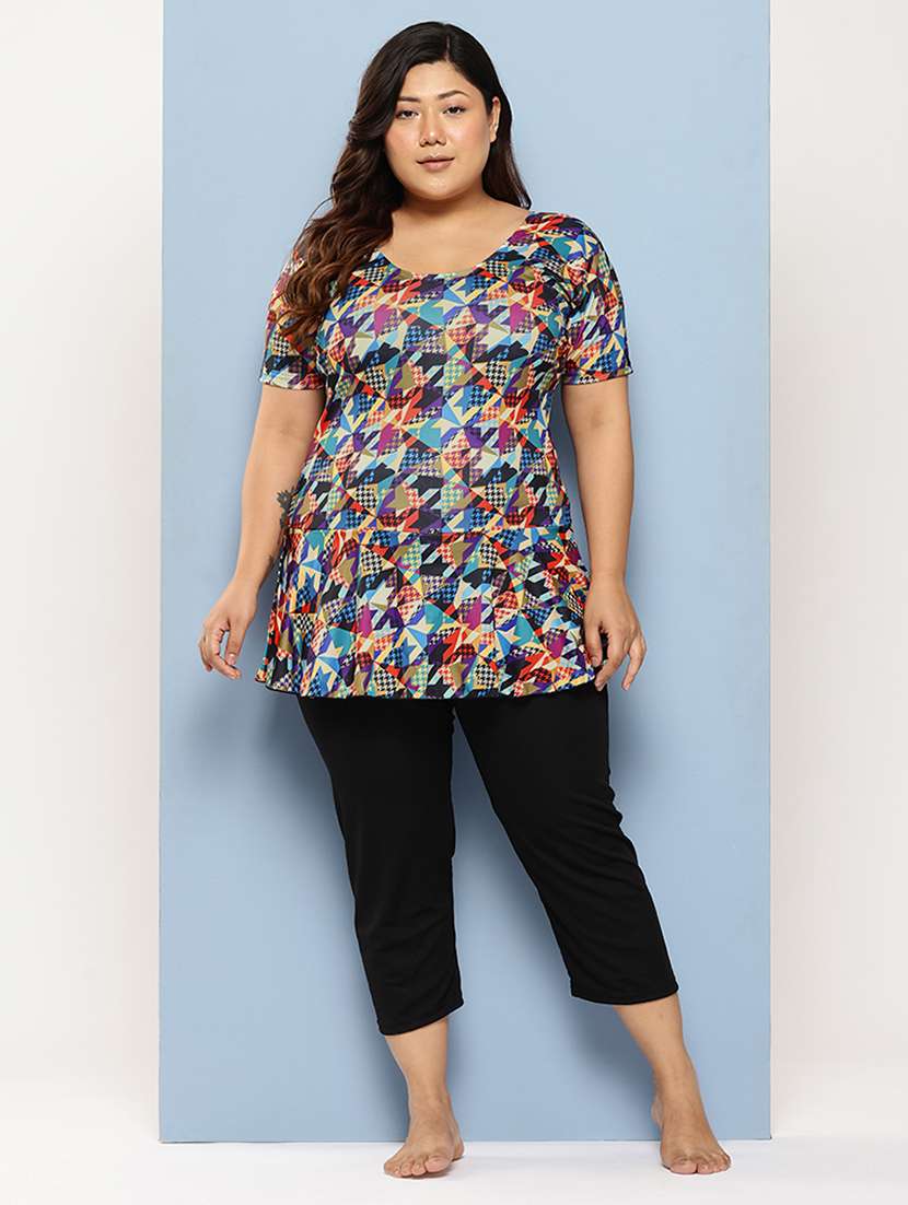 women plus size printed round neck swimsuit with goggles