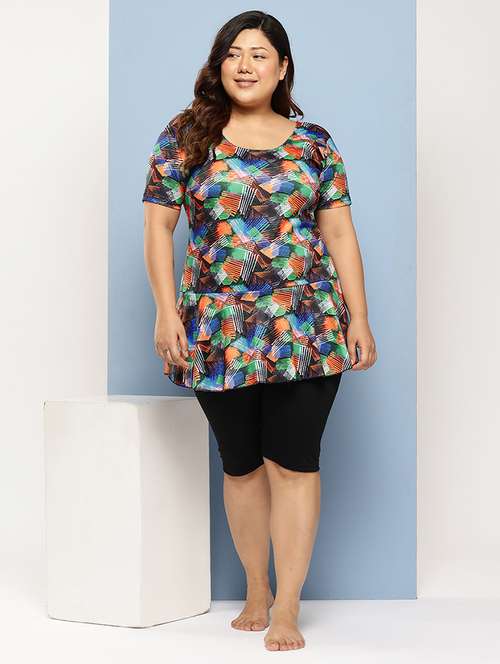 women plus size printed round neck swimsuit with goggles - 22012772 - Standard Image - 0