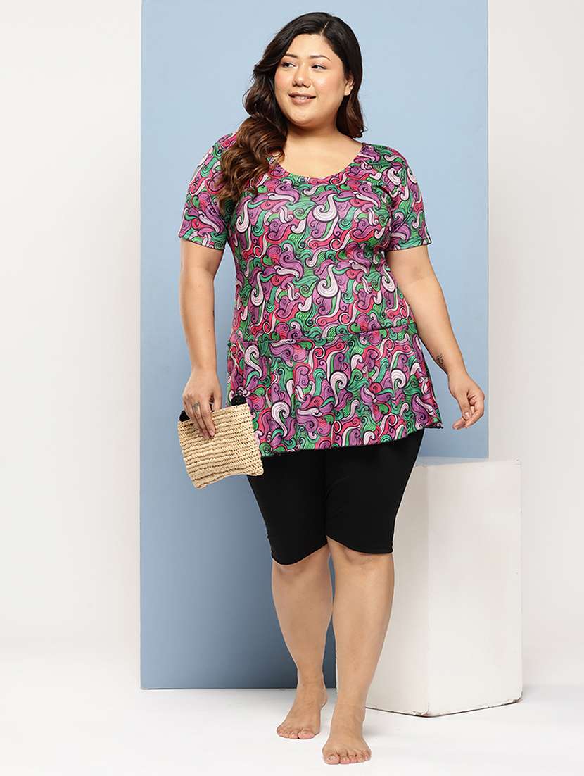 women plus size printed round neck swimsuit with goggles - 22012773 -  Standard Image - 3
