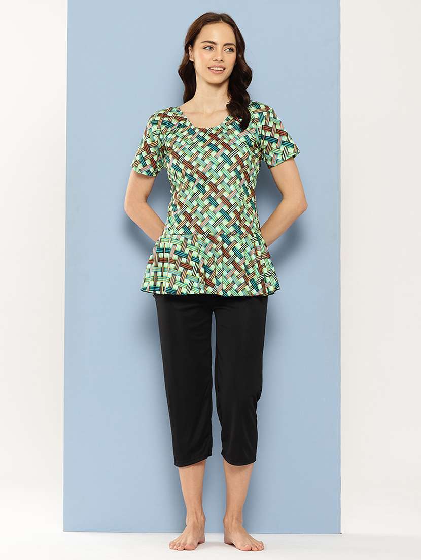 women checkered round neck swimsuit with cap