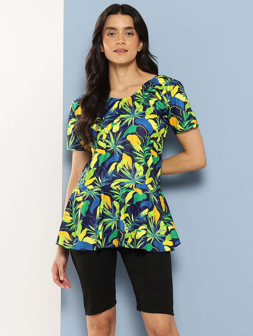 women tropical printed round neck swimsuit with cap