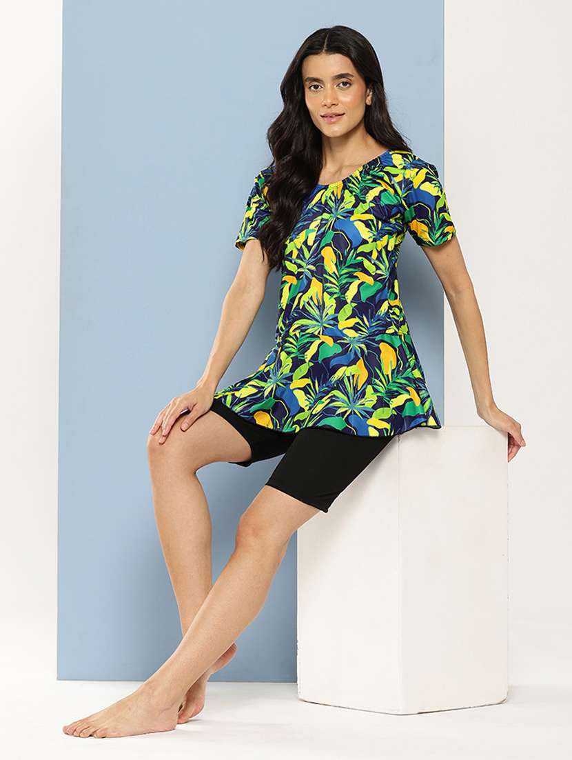 women tropical printed round neck swimsuit with cap - 22012780 -  Standard Image - 3