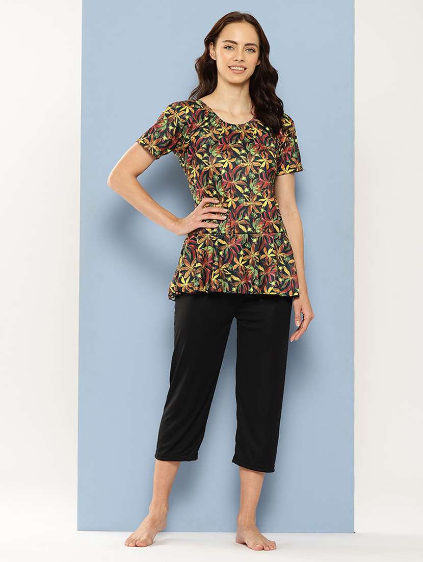 women floral printed round neck swimsuit with cap