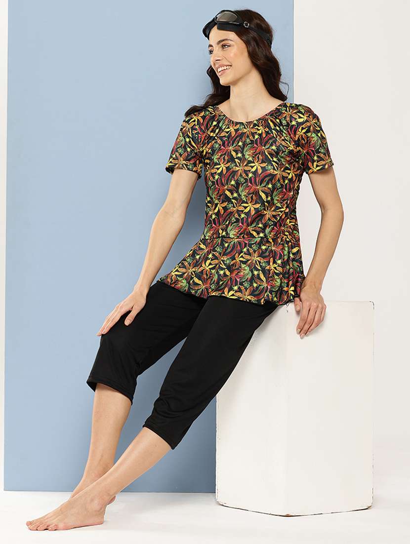 women floral printed round neck swimsuit with cap - 22012785 -  Standard Image - 3