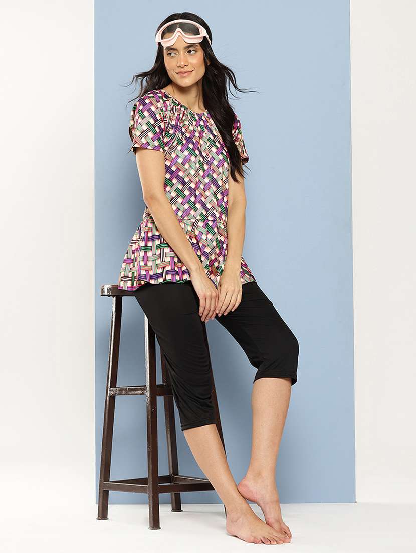 women checkered round neck swimsuit with cap