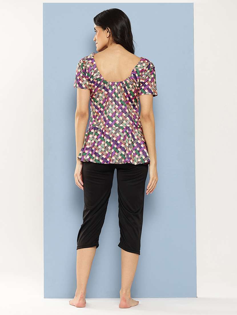 women checkered round neck swimsuit with cap - 22012787 -  Standard Image - 3