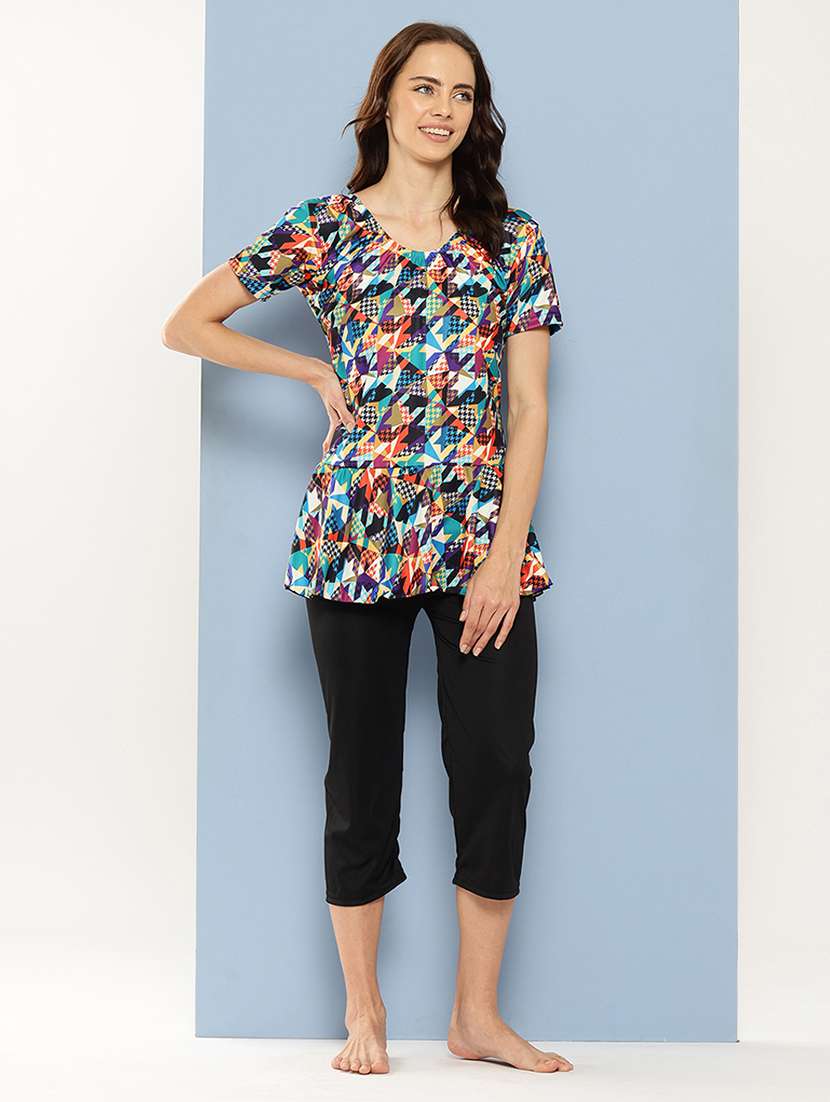 women printed round neck swimsuit with cap