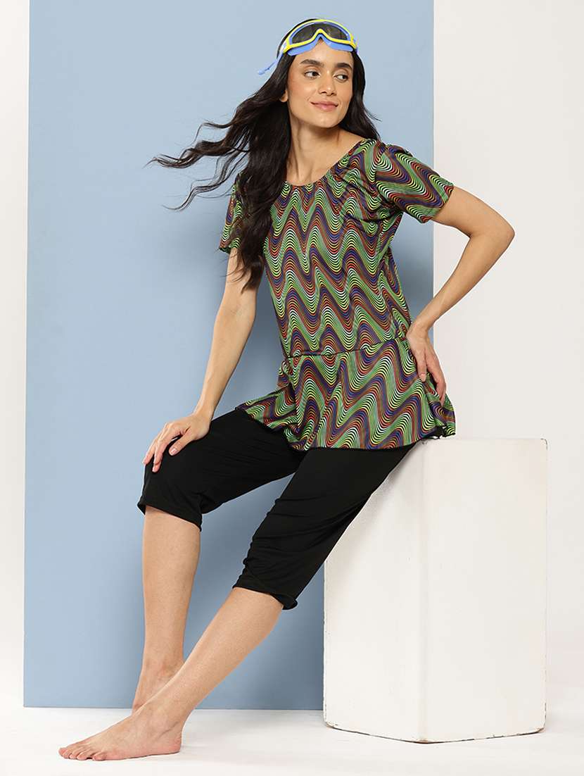 women printed round neck swimsuit with cap