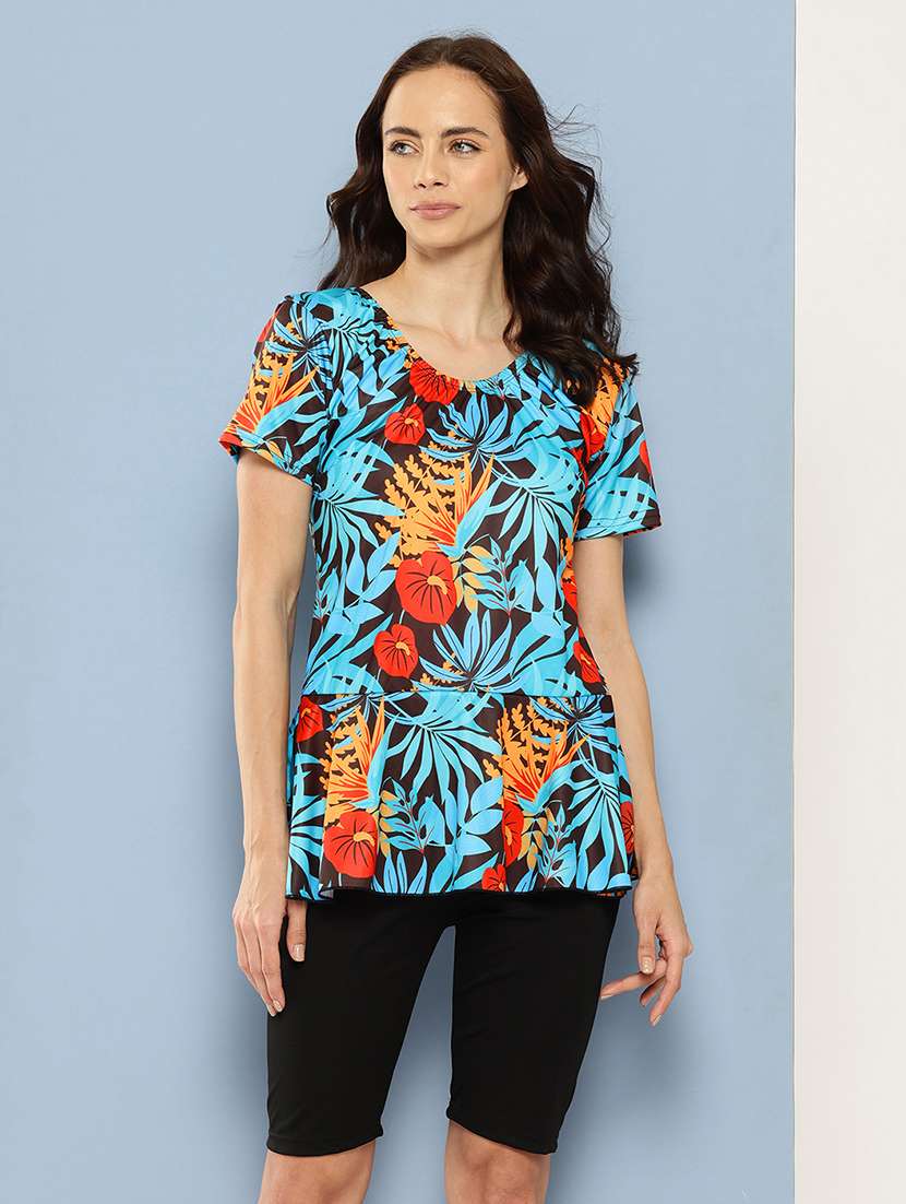 women tropical printed round neck swimsuit with cap