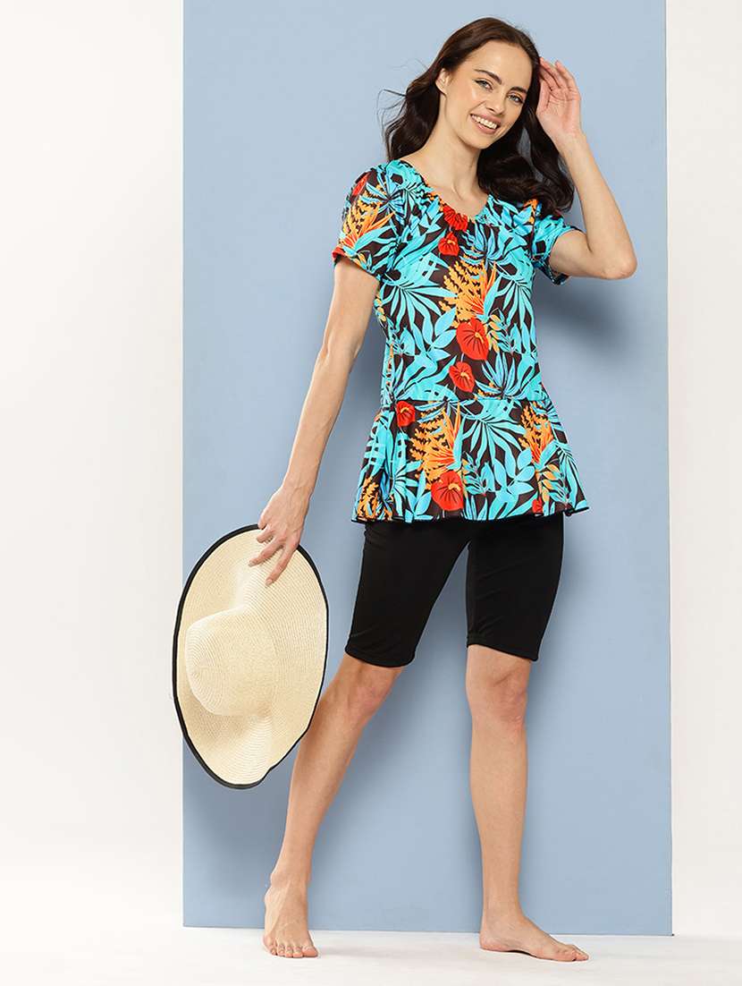 women tropical printed round neck swimsuit with cap - 22012793 -  Standard Image - 3