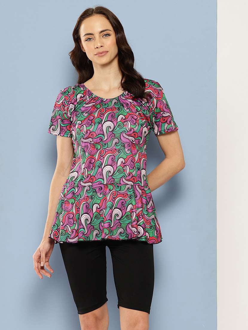 women printed round neck swimsuit with cap