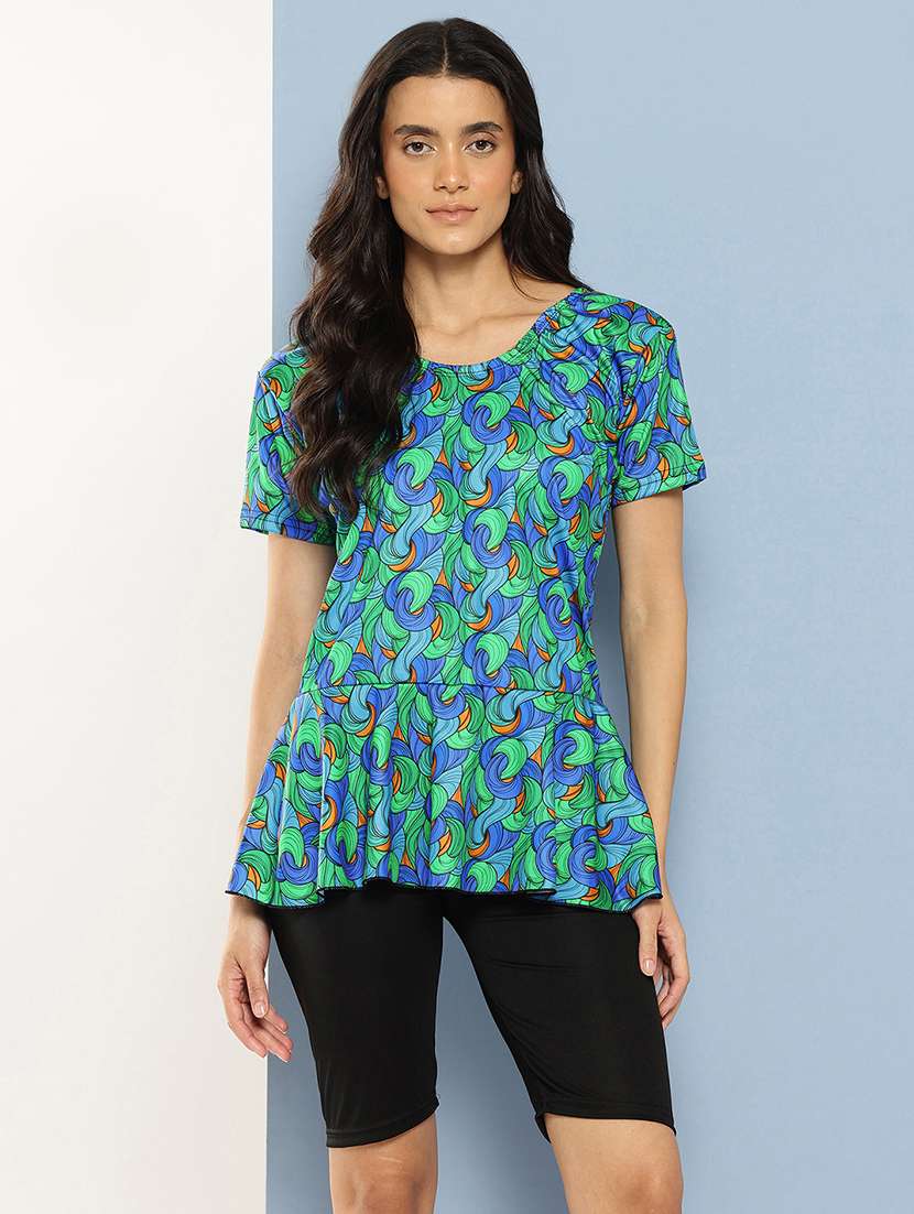 women printed round neck swimsuit with goggles