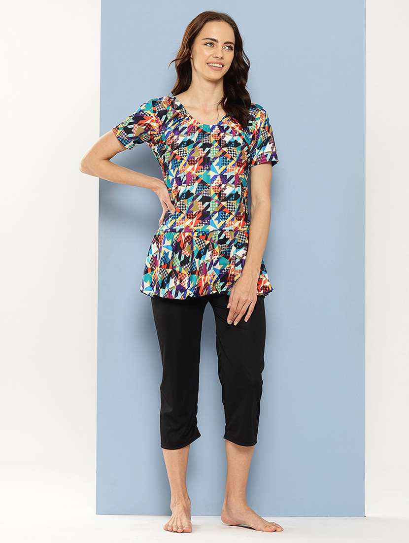 women printed round neck swimsuit with goggles