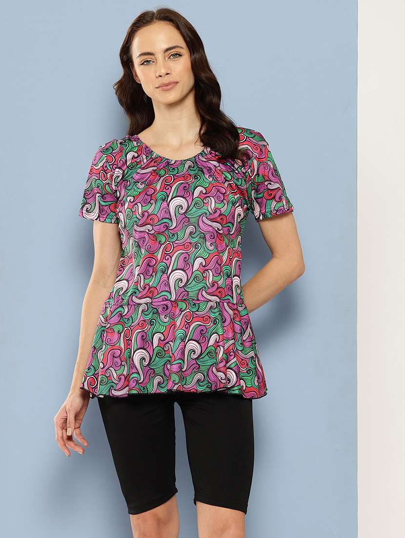 women printed round neck swimsuit with goggles