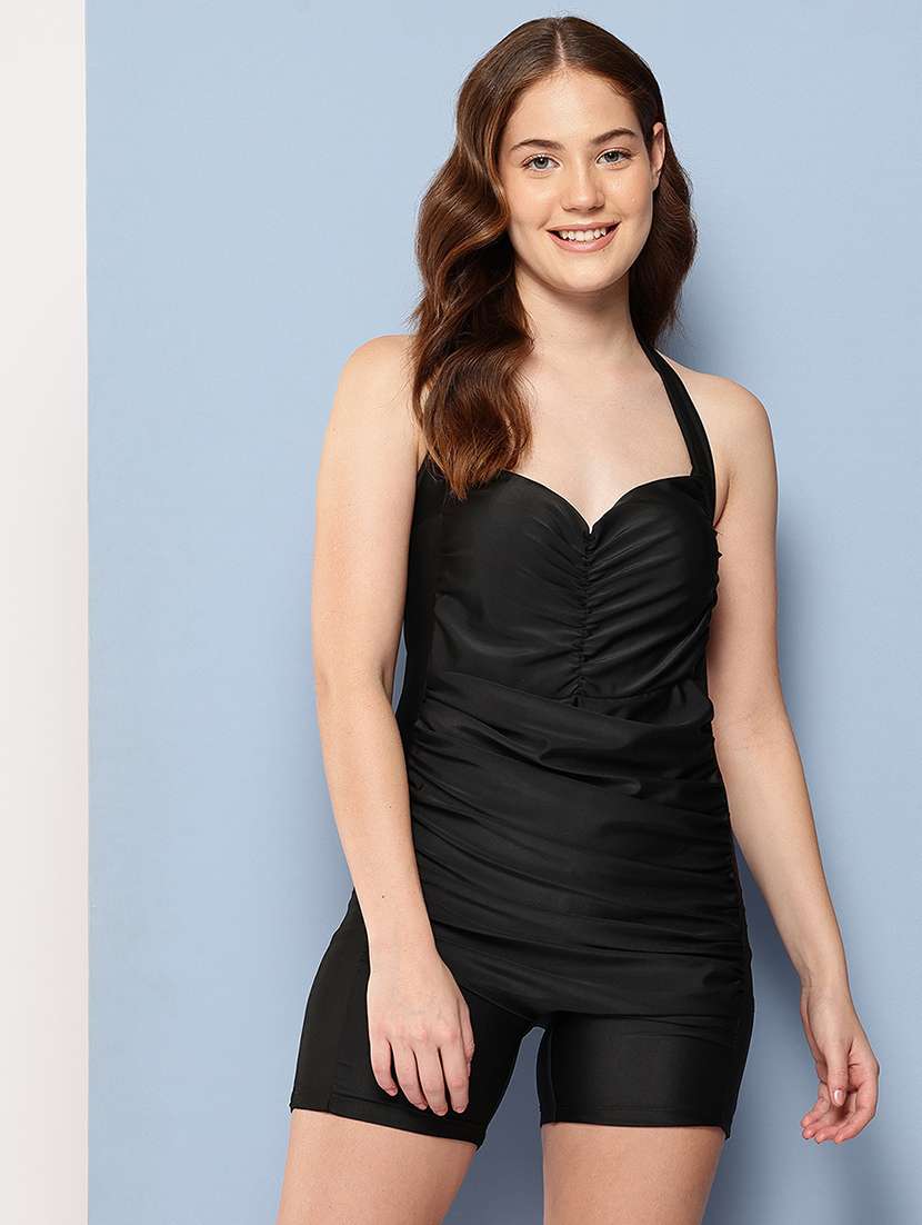 women black solid halter neck swimsuit
