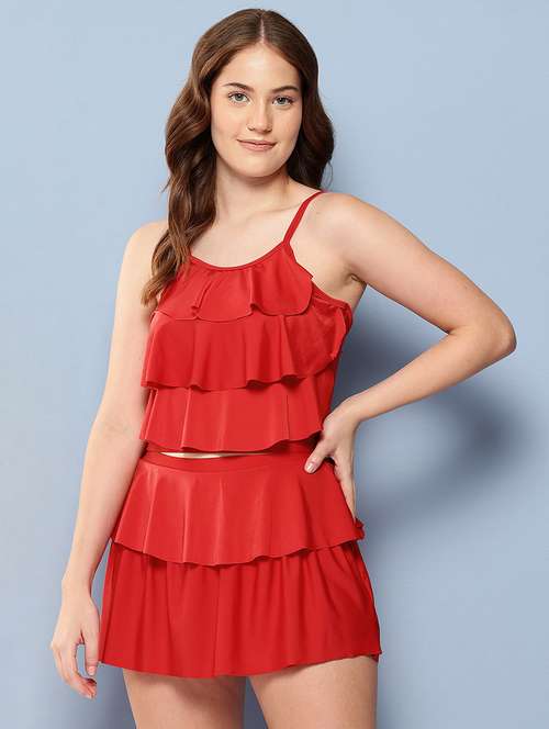 women red solid shoulder strap ruffled swimsuit - 22012834 -  Standard Image - 0