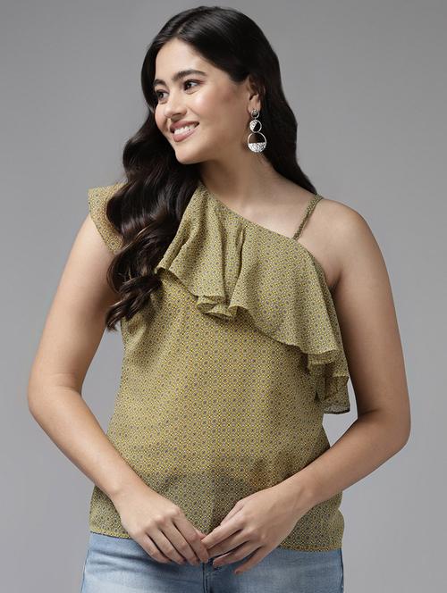 women olive printed singke shoulder regular top - 22012839 - Standard Image - 0