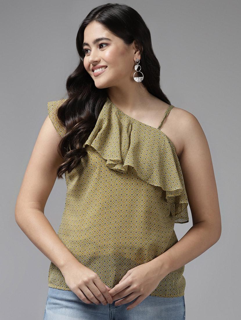 women olive printed singke shoulder regular top - 22012839 - Zoom Image - 0