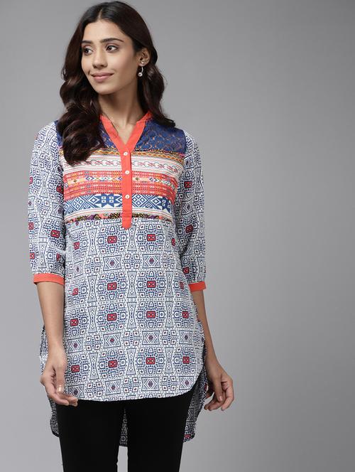 women printed mandarin collared high low top - 22012840 - Standard Image - 0