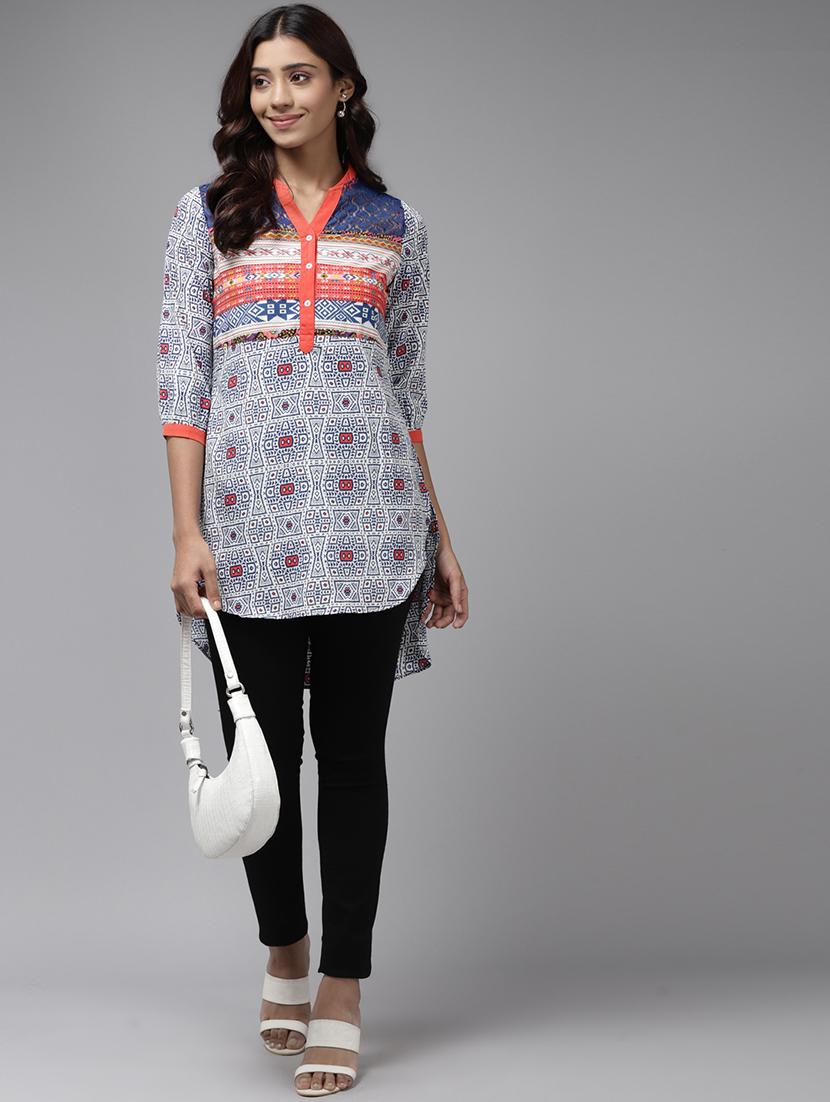 women printed mandarin collared high low top - 22012840 - Standard Image - 3