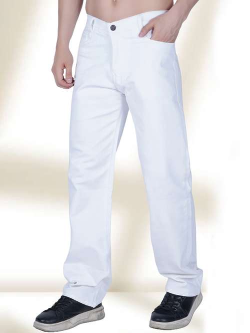 men white plain mid rise relaxed fit jeans - 22012895 - Standard Image - 0