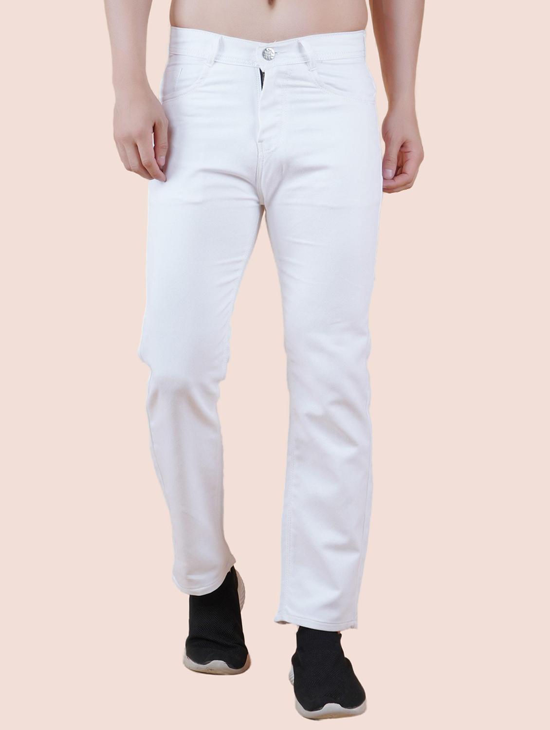 men white plain mid rise straight fit jeans