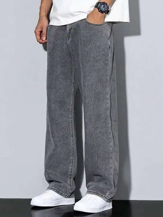 men grey plain mid rise baggy jeans - 22012911 -  Zoom Image - 0