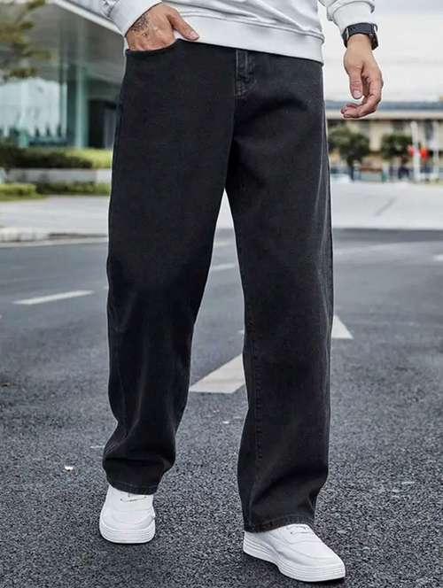 men grey plain mid rise baggy jeans - 22012916 -  Standard Image - 0