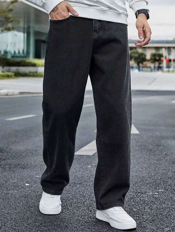 men grey plain mid rise baggy jeans