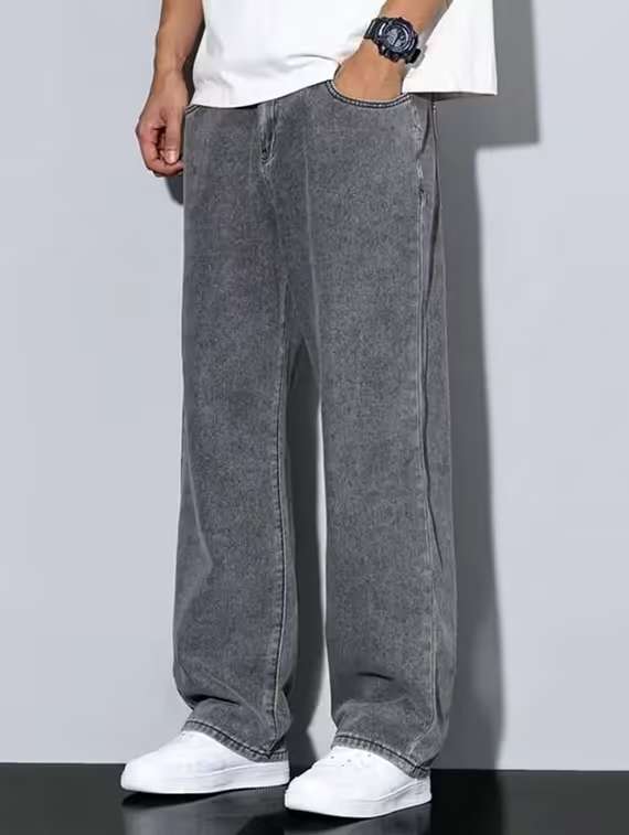 men grey plain mid rise baggy jeans