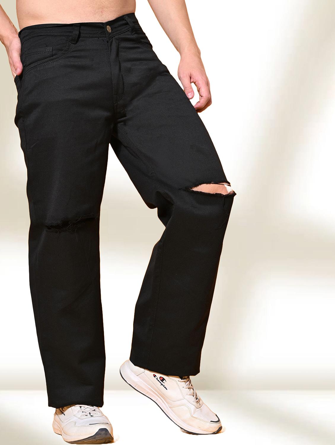 men black slash knee mid rise relaxed fit jeans