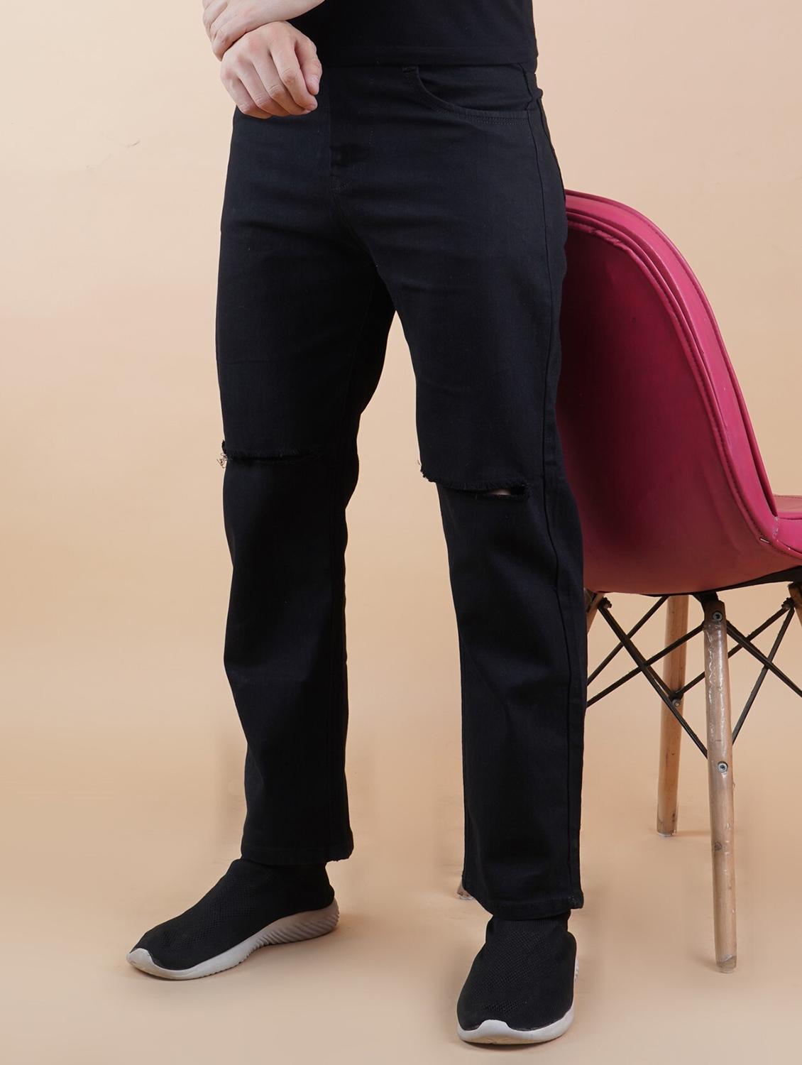 men black slash knee mid rise relaxed fit jeans