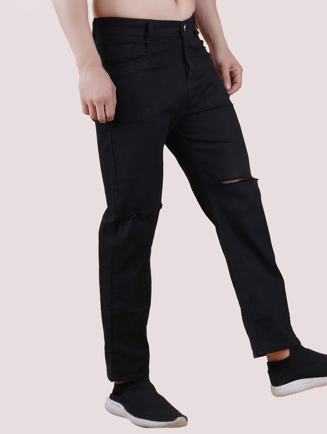 men black slash knee mid rise relaxed fit jeans