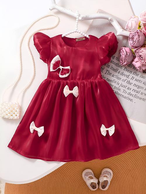 girls solid bow detailed puff sleeve frock - 22012947 -  Standard Image - 0