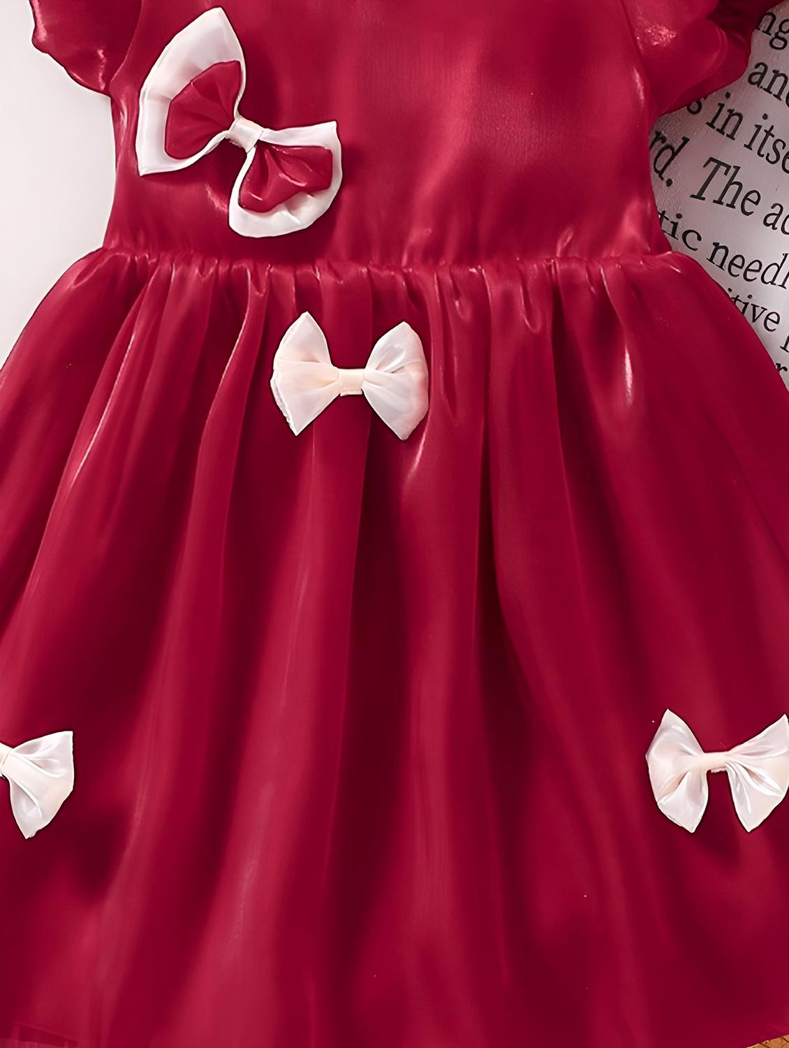 girls solid bow detailed puff sleeve frock - 22012947 - Standard Image - 3