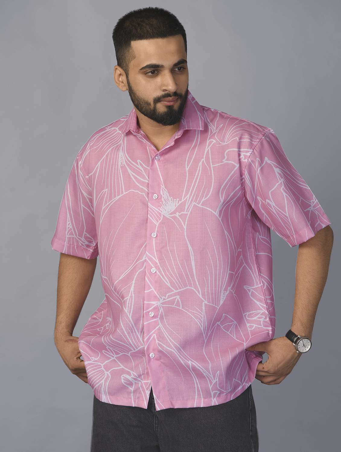 men floral printed short sleeve oversized casual shirt