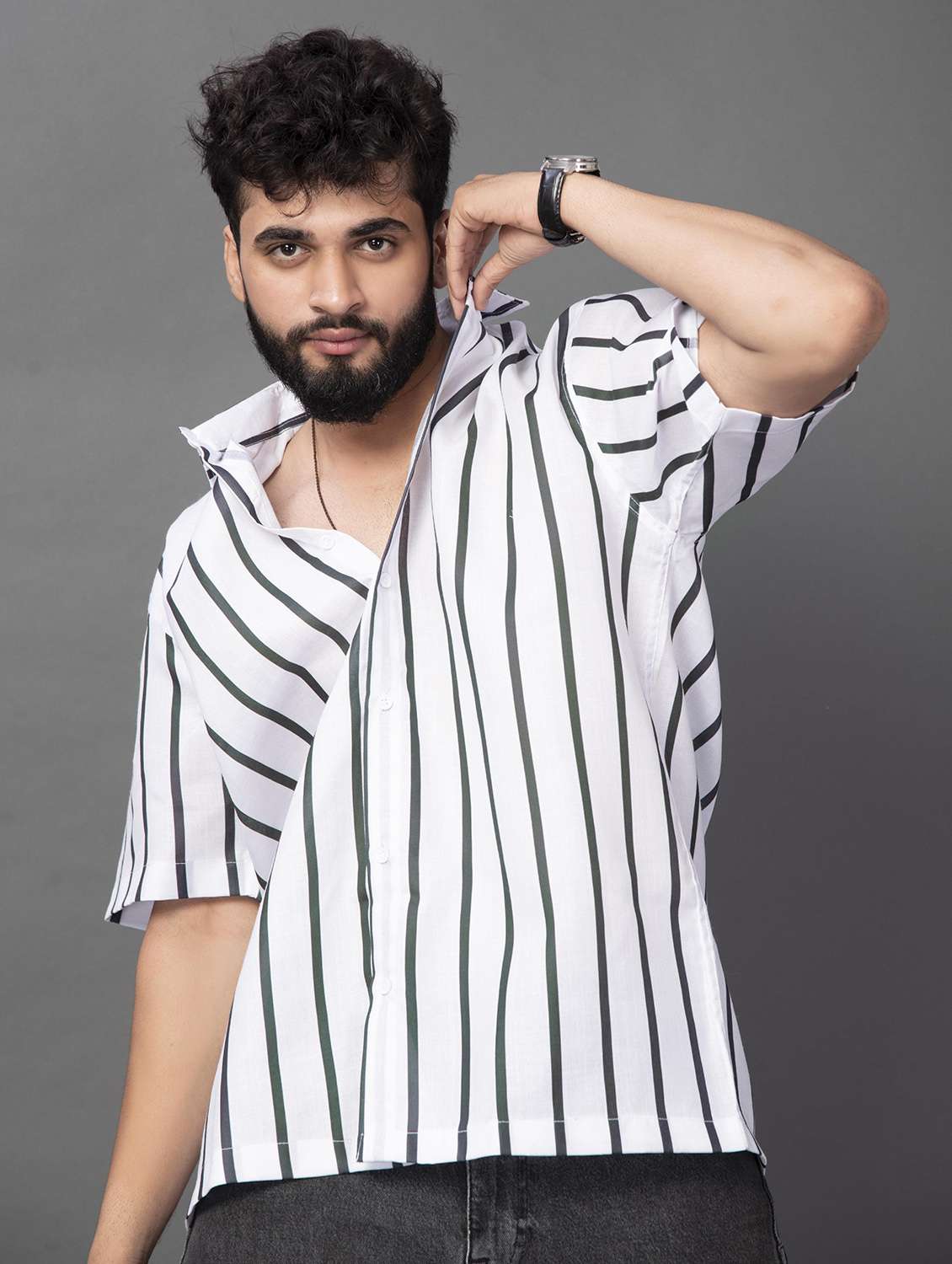 men striped short sleeve oversized casual shirt