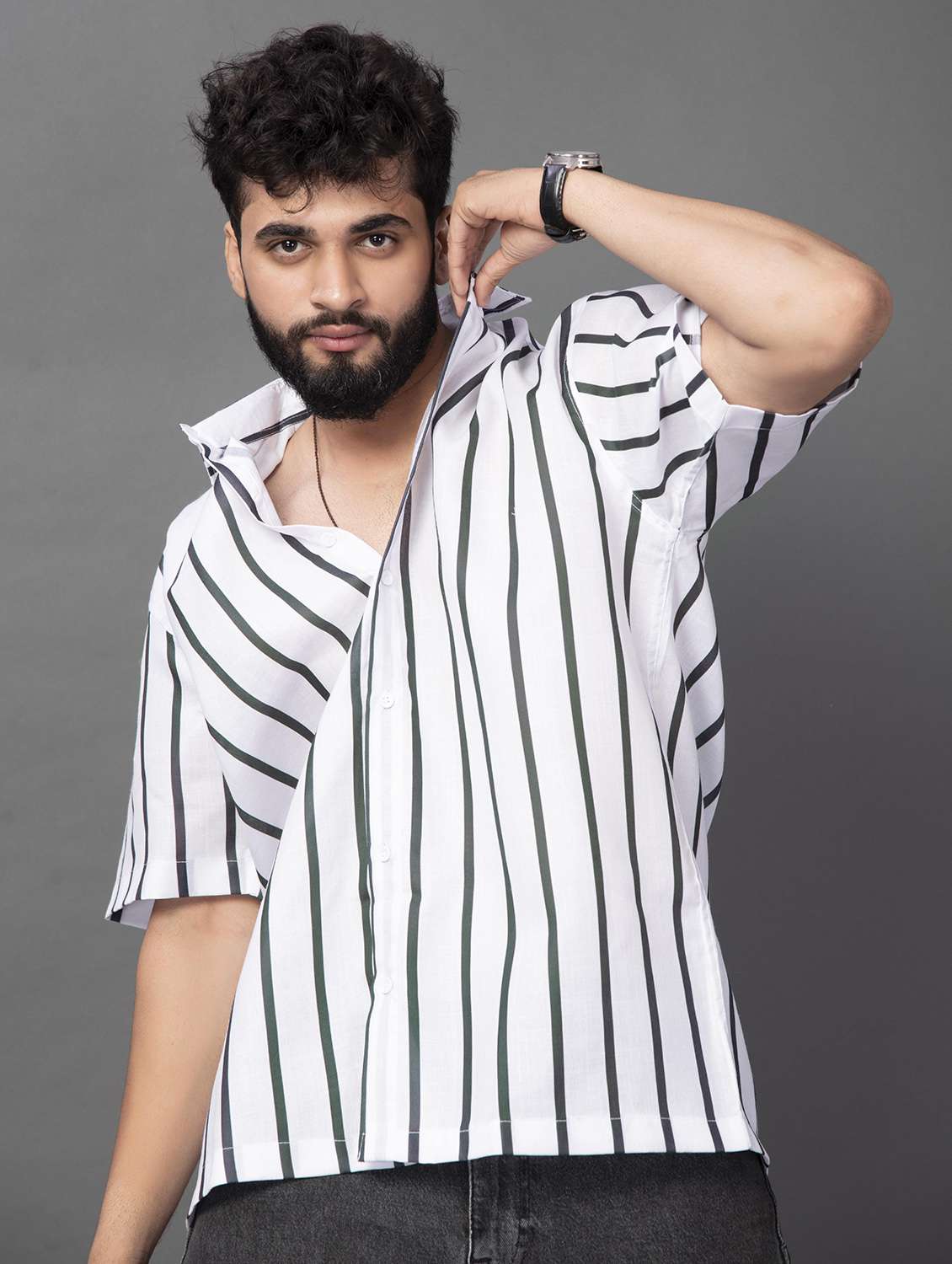 men striped short sleeve oversized casual shirt