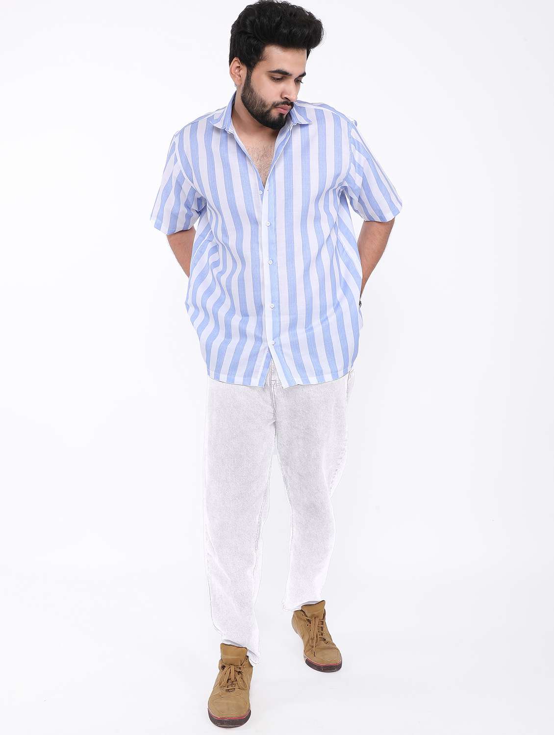men striped short sleeve oversized casual shirt - 22013053 -  Standard Image - 3