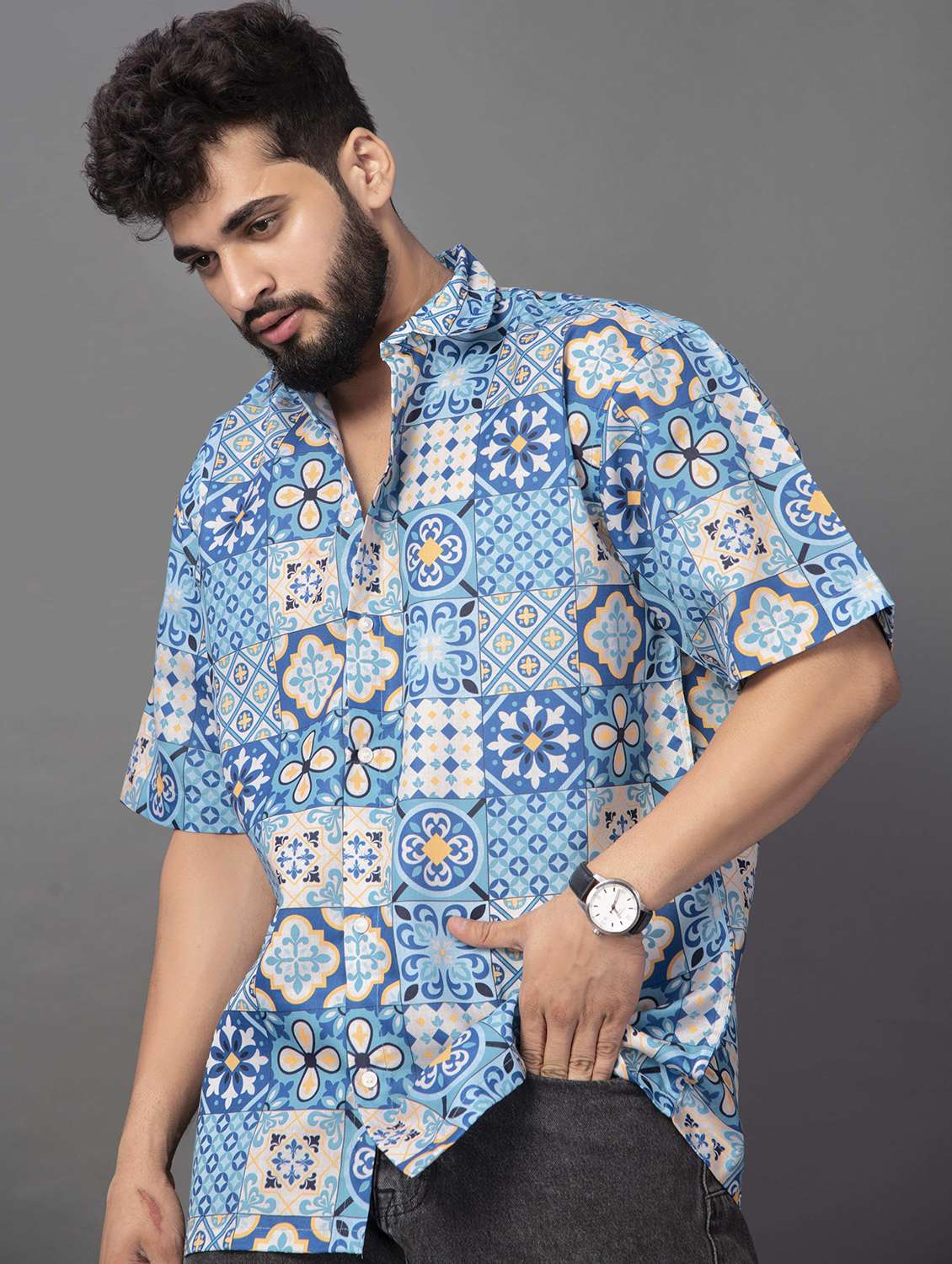 men printed short sleeve oversized casual shirt